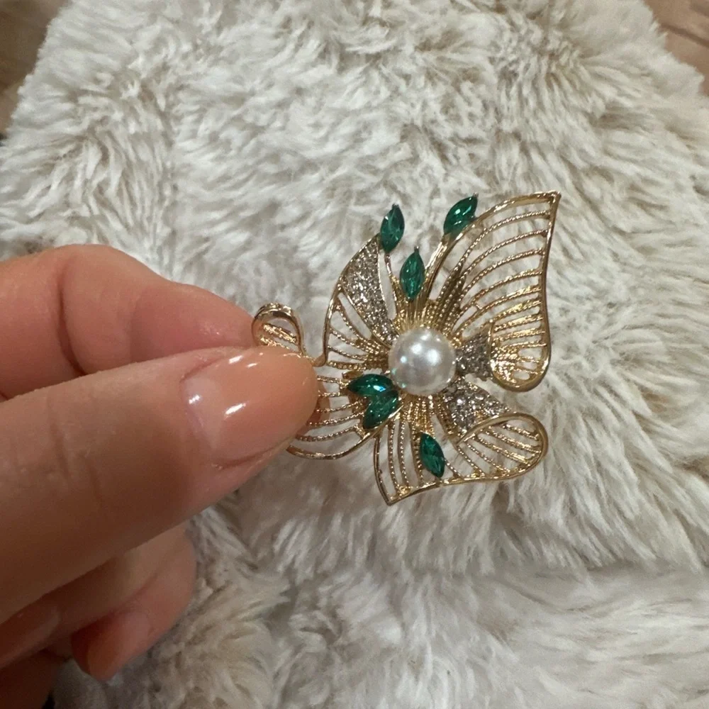 Gold-tone Floral Pearl Brooch with Green Accents - Women Jewelry